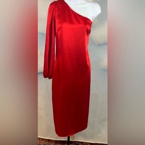 Skies Are Blue Women’s Red One Shoulder Satin Midi Dress NWT
